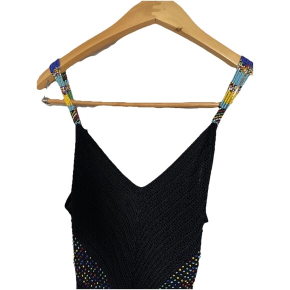 1990s Cache Crochet Dress Rainbow Beads Vintage Maxi Fringe Trim Boho Small - Picture 7 of 13